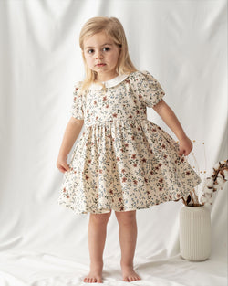 Organic cotton toddler clothes. Vintage toddler girls dress. Floral dress. Made of finest organic cotton. 100% certified by Global Organic Textile Standards (GOTS).