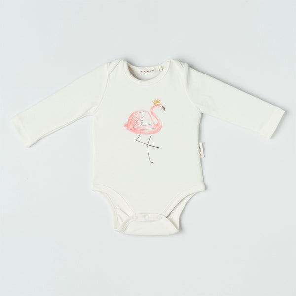 Organicline flamingo long sleeve bodysuit front view. Softly made from 100% GOTS certified organic. 