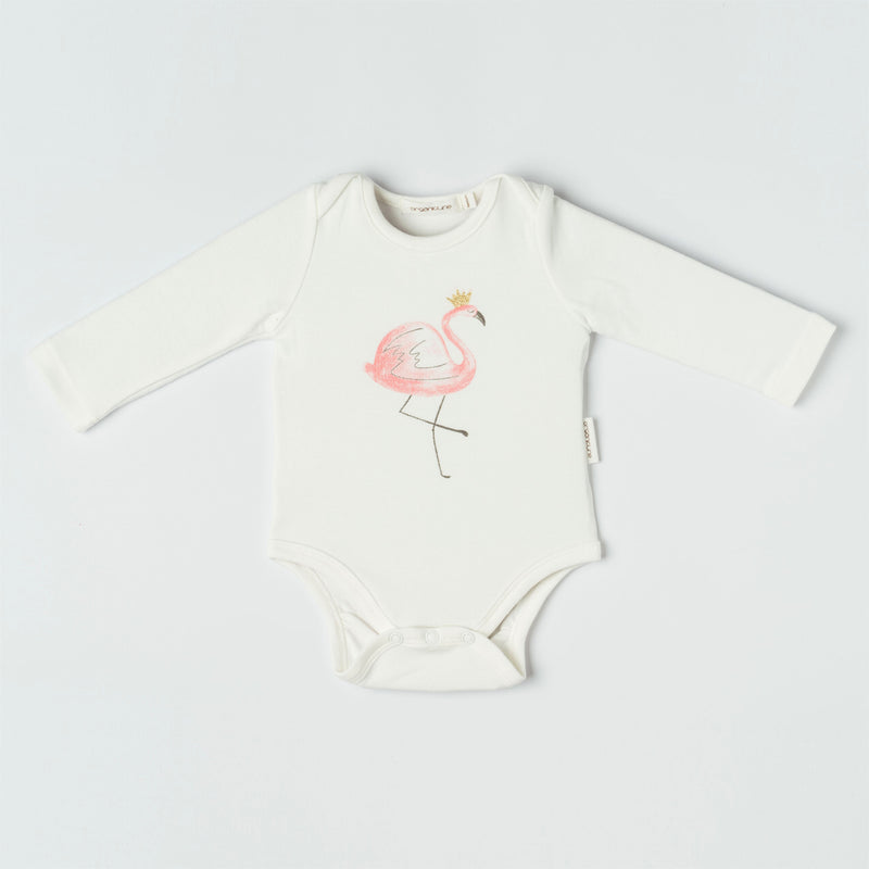 Organicline flamingo long sleeve bodysuit front view. Softly made from 100% GOTS certified organic. 